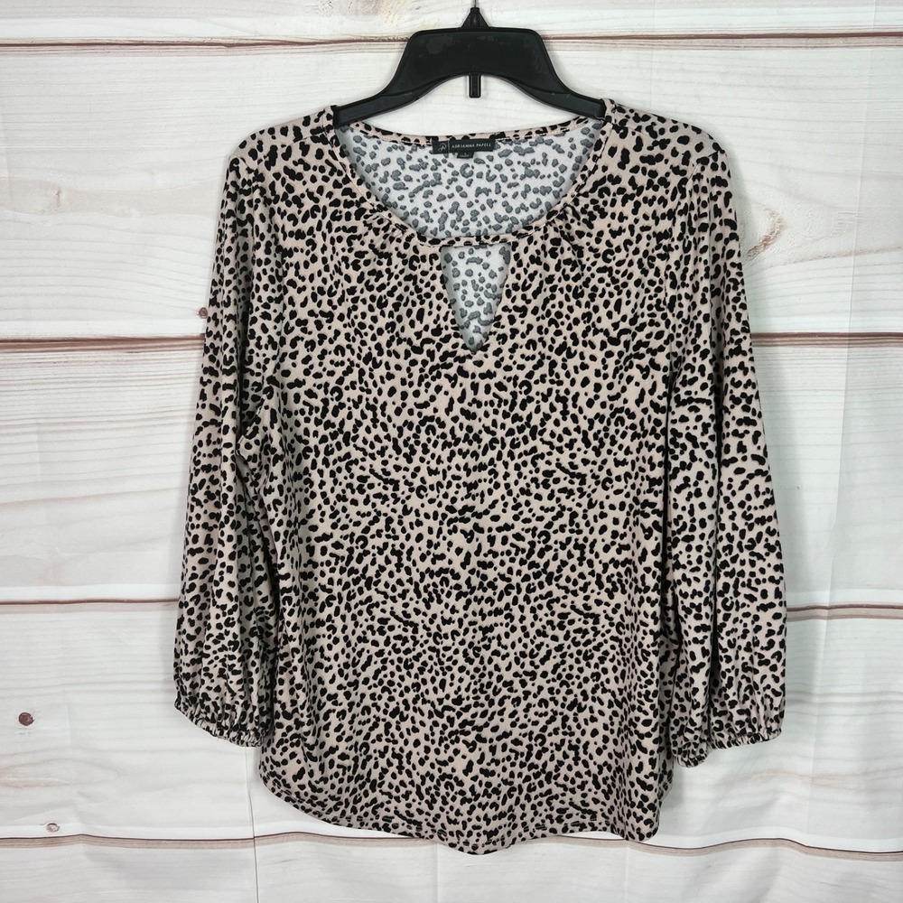 Adrianna Papell Top Womens Large Animal Print Blouse Knit Keyhole Neck Pullover
